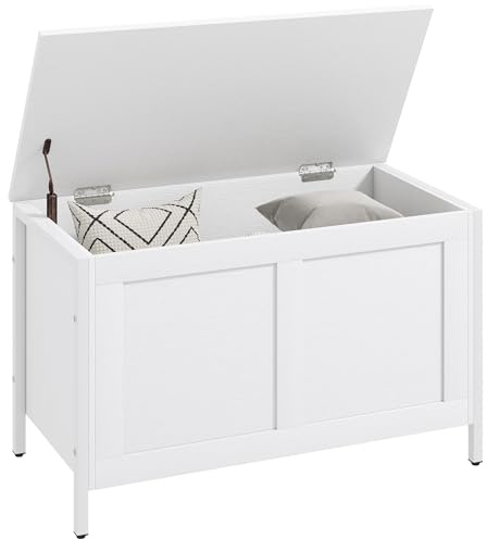 HOMCOM Baúl de Almacenaje para Dormitorio 95 L Banco de Almacenaje con Tapa Bisagra de Seguridad para Pasillo Salón 80x40x50 cm Blanco Veteado