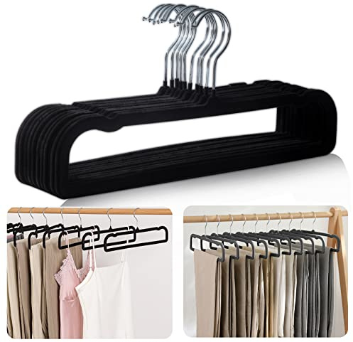 Lot de 10 Cintres pour Pantalons,Cintres Antidérapants en Velours pour Pantalons,Longueur 35 cm,Crochet Pivotant à 360 Degrés,Ceintre Pantalon Gain de Place,pour Pantalons,Jeans,écharpes,Robes- Noir