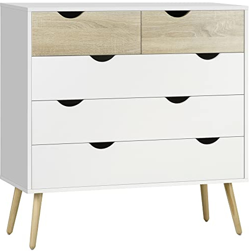 HOMCOM Cómoda con 5 Cajones, Cómoda Dormitorio con Patas Elevadas de Madera, Cajonera para Salón, Oficina, Estilo Nórdico, 99x39x101 cm, Blanco y Roble