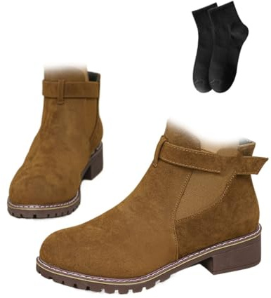 Botines retro con hebilla plana para mujer, de ante para otoño e invierno, tacón bajo, punta puntiaguda, botines cortos gruesos, informales, cómodos, zapatos de oficina para caminar, Brown, 37 EU