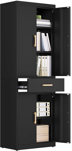 YITAHOME Armario archivador con Cerradura con 3 estantes Ajustables para Oficina, Cocina, Garaje, 180 x 60 x 34D, Color Negro