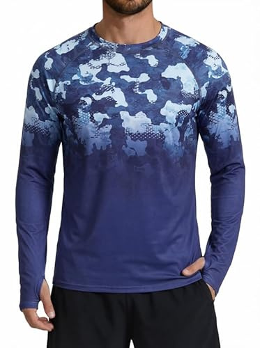 XiaoMoSha Rash Guard Mens UPF 50+ Sun Protection Rash Vest Long Sleeve Swimming Tops Quick Dry Sun Shirt Light Weight Breathable T-Shirt for Running Sport Fishing Hiking, M, Blue Camo