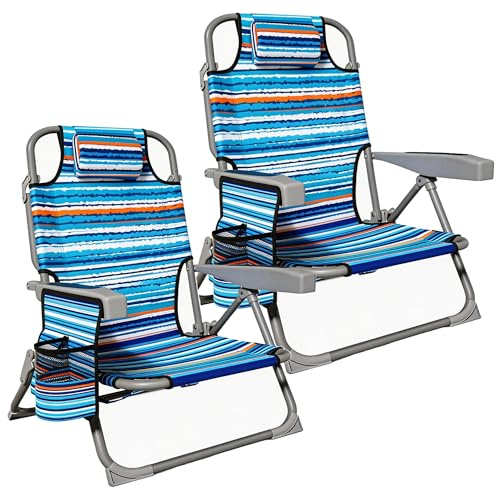 DIAMONDFORGE Lightweight Portable Beach Chair for Adults, 350 LBS Capacity Backpack Beach Chair, Reclining Beach Chair with 5-Position Lay Flat, Large Cup Holder for Beach Camping Sports, 2 Pack