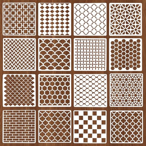 16PCS Geometric Stencils for Painting, 15cm Stencils for Crafts Reusable Abstract Layering Stencil Brick Templates for Wall Furniture Tile Greate Scrapbooking DIY Projects Home Decor Card Making