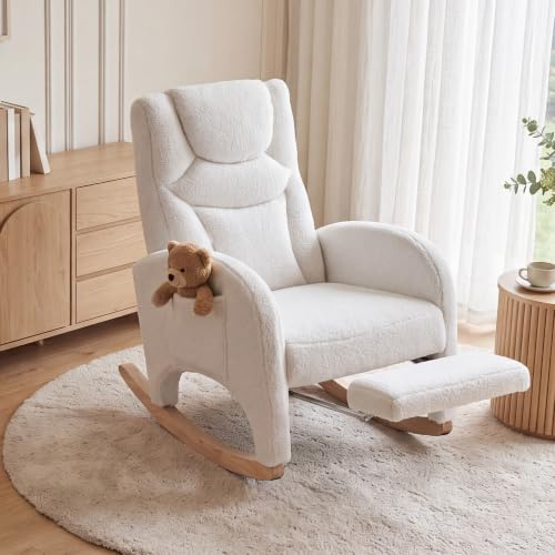 DEKKETO Fauteuil a Bascule Allaitement avec Repose-Pied Dossier Haut, Blanc | Rocking Chair avec Poche Latérale, Chaise à Bascule en Tissu Bouclette, Fauteuil Relax Confortable pour Salon, Chambre Bébé