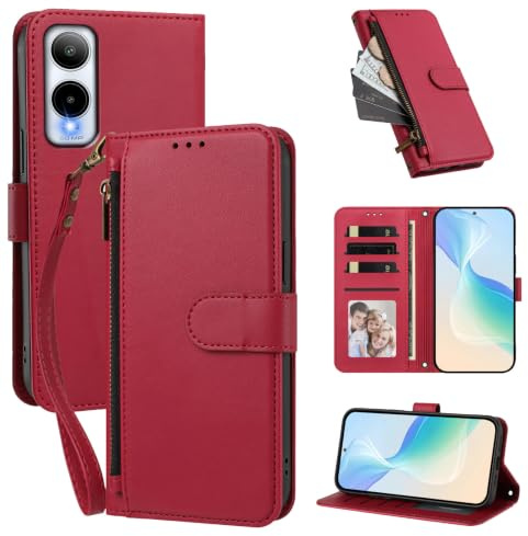 Telefonfodral Kompatibel med Cricket Icon 6 (SL219C),Kompatibel med AT&T Verge (SL219A)【Plånbok med dragkedja och handledsrem Kortfack Uppfällbart stativ】Red