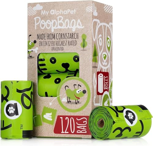 My AlphaPet Compostable Dog Poop Bags, Cornstarch Eco-Friendly, HOME COMPOST NF T 51-800, 120 Count, Large Size Bag 9x13 Inches, 8 Unscented Refill Rolls, Leak-proof, Plantbased, GM-Free Corn
