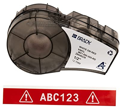 Brady Ruban d’étiquettes vinyles étiqueteuses M211 et M210 - Étiquettes vinyles adhésives - Blanc sur rouge (12.70mm x 6.40m) - M21-500-595-RD