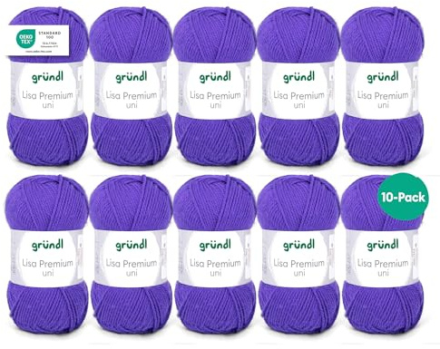 Gründl Lana Lisa Premium uni Hilo de tejer 100% poliacrílico, Hilo para tejer/ganchillo 50 g / 133 m, 10 bolas, Azulado Morado