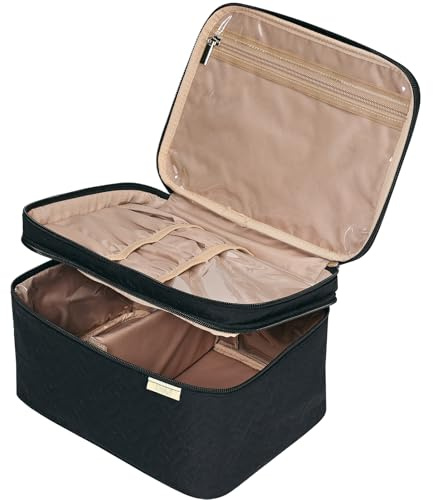NISHEL Large Double Layer Travel Makeup Bag Women, Cosmetic Case, Organizer for Travel-Size Accessories Bottles, Brushes, Conditioner, and Skin Care Products, Black