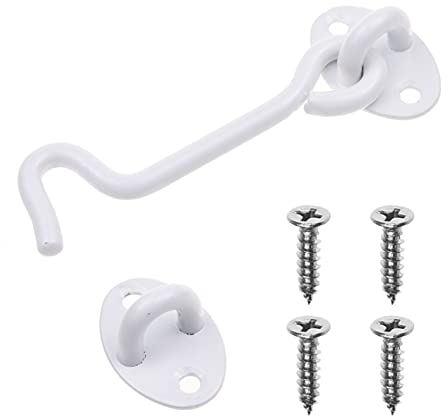 Eco-Fused 4-inch Crochet et œillet Robustes - 1x Serrure de Porte de Grange (Blanc), 4x Vis de Montage - Crochets en acier inoxydable enduit avec de poudre pour des portes, des fenêtres