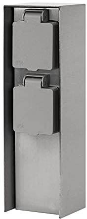 Grafner Edelstahl Design Gartensteckdose mit 2 Steckdosen, IP44, eckig, KEIN ROST – Klarlack-Beschichtung, klein und schmal, Energiesäule Mehrfach Metall Außen Steckdose 2-fach silber poliert