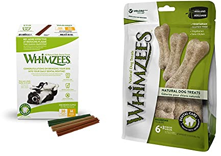WHIMZEES Stix, natürliche, getreidefreie Zahnpflegesnacks (30 Stück), Größe M & Reisknochen, natürliche, glutenfreie Zahnpflegesnacks, Kauknochen für große Hunde, 9 Stück, Größe M/L