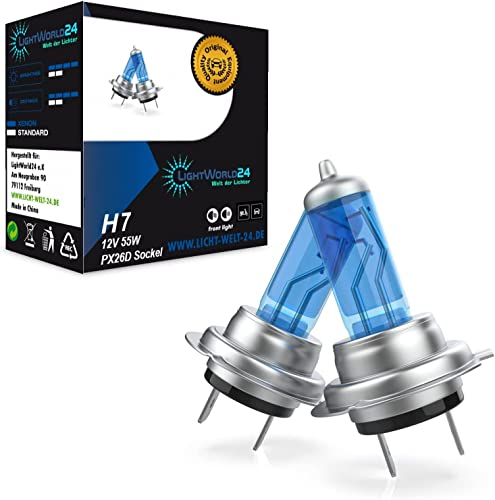 LIGHTWORLD24 Set da 2 lampadine alogene H7 PX26d – Xenon Look Blue White – 12 V 55 W – Anabbaglianti Ultra White