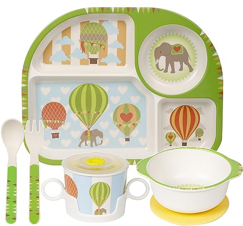 Greentainer Kindergeschirr set aus melamin, 6er Sturzfest Geschirr Set- Baby Menü Tablett, Kinderschüssel mit Saugnapf, Becher mit deckel,Löffel, Gabel für Kinder, ab 6 Monaten,Spülmaschinenfest