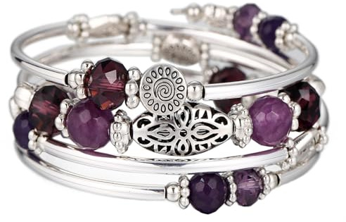 FULU AUTUMN Bracelet en Perles Argent pour Femmes Bracelet Enveloppant en Pierre Multicouches Un Cadeau de Bijoux Fantaisie pour Maman le Jour de Thanksgiving - Boîte Cadeau(Purple)