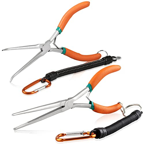 SPEEDWOX Pinze a becco d'ago con punte curve e manico ricurvo, pinze a becco extra lungo con punte dritte, pinze per rimuovere gli aghi con cordino anti-perdita e ganascia seghettata per spazi stretti