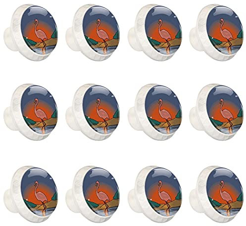 12 Pack Drawer Knobs, Flamingo Water Pink Bird Sun Paint, Kitchen Cabinet Cupboard Door Decorative Furniture
