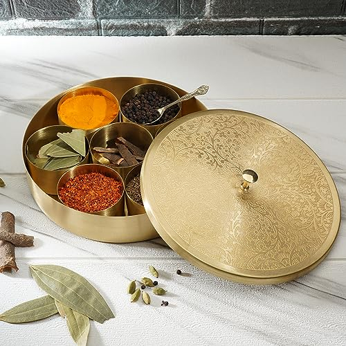 Ajuny Handcrafted Brass Round Spice Box Golden with Embossed Lid - Beautiful Design 7 Spice Containers and 1 Designer Spoon Decorative Masala Canister Organizer Gifts