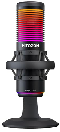 HITOZON Microfono USB da gioco, microfono a condensatore USB con RGB, muto, guadagno, monitoraggio, plug & play, microfono USB per giochi, podcast, video, streaming, registrazione supporto PS4/5/PC
