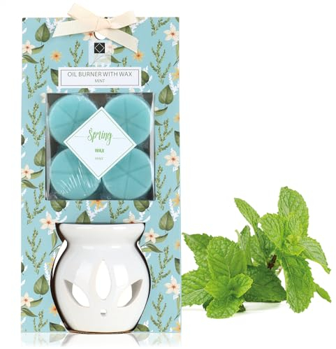 COM-FOUR® Lámpara aromática Candelita con Cera - Calentador para Aceites Esenciales, Aceites aromáticos y Cera perfumada - Difusor de Aroma de cerámica - lámpara aromática (Cera perfumada de Menta)