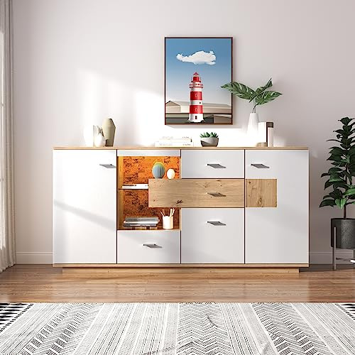 Buffet moderne avec espace de rangement et éclairage LED, polyvalent, avec 2 portes, 4 tiroirs, étagère en verre, commode, meuble de salon, 160 x 40 x 77 cm, blanc + couleur bois