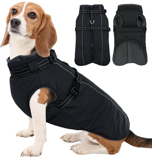 Kuoser Hundemantel für Mittelgroße Hunde - Wasserdicht, Warm Mit Geschirr - Winterjacke Fleecemantel Hundepullover M Schwarz