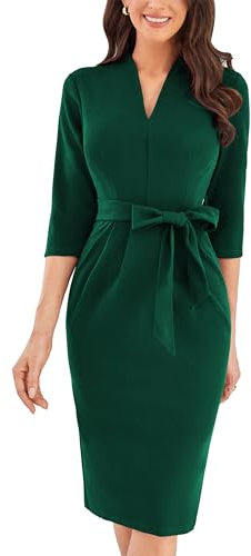 GRACE KARIN Women Elegant Midi Dress 3/4 Sleeves with Back Slit Green S