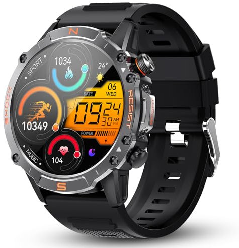 WalkerFit Montre Connectée Homme: Smart Watch Militaire Robuste et Étanche avec 1,43 AMOLED, Cadeau Homme Smartwatch avec Podometre 410mAh Batterie, 120+ Modes Sport, Compatible Android/iOS (Noir)