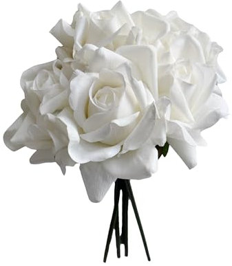 XBLOOMBOX Faux Cream White Roses Artificial Wedding Bouquet Bridal Bouquet Real touch Silk Faux Flower Bouquet Artificial Rose 5 Stems for Wedding Cake Home Office Garden Party Decor