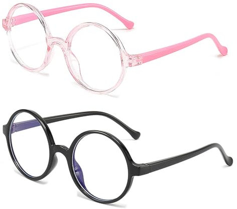 Huipalon Kids Glasses 2 Pcs Kids Fake Glasses Blue Light Glasses for Kid Gaming Computer Cute Round Eyeglasses