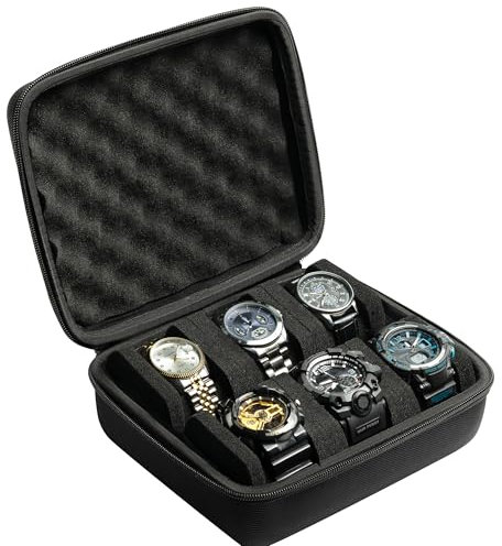 AUKURA Hard 6 slots watch travel case, men's watch travel organizer, hard watch box for display and organization (Black, 6 slot with 2 compartment)