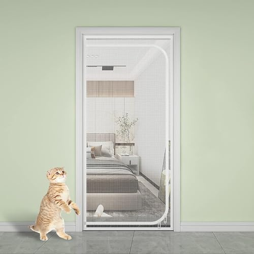 Porte Moustiquaire Renforcée pour Chat,Barrière de Balcon avec Fermeture Éclair, Résistante aux Animaux Domestiques,Empêche Les Chiens et Les Chats de Sortir de la Maison Cuisine,Blanc (85x205cm)