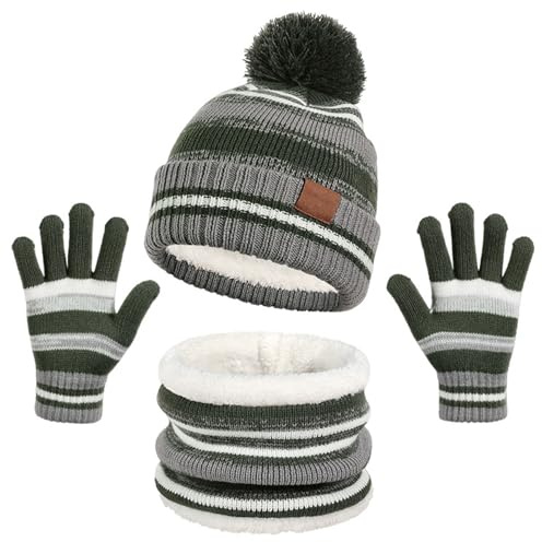 Icegrey 3 in 1 Set de Bufanda Gorro Guantes Conjunto de Cálido Gorro de Punto Invierno con Pompon, Braga Cuello con Forro Polar Guantes Termicos para Niña Niño 4-10 Años, Ejército Verde