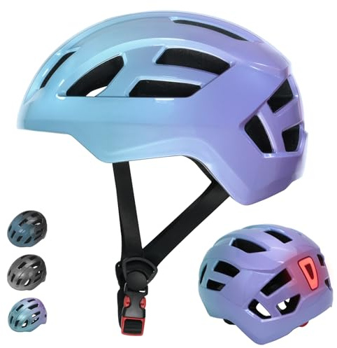 LIRENGUI Casco de Bicicleta con luz Trasera para niños y niñas, luz Trasera Recargable de Seguridad, Talla Ajustables Cascos con Degradado de Color para múltiples Deportes (Azul Violet, S)