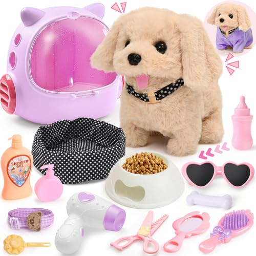 Tacobear Walking Dog Toys for Kids with Backpack Clothes Leash, Electronic Pet Interactive Plush Puppy Barking Wagging Tail Realistic Robot Dog Pretend Play Toys Gifts for 3 4 5 6 Year Olds Girls