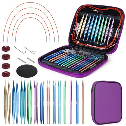 Coopay Juego de Agujas Circulares Intercambiables para Tejer Punto, 3,0-10 mm, Agujas Circulare (40cm/60cm/80cm/100cm), Aguja con Bolsa Almacenamiento, 13 Pares Aguja Circulares - Púrpura