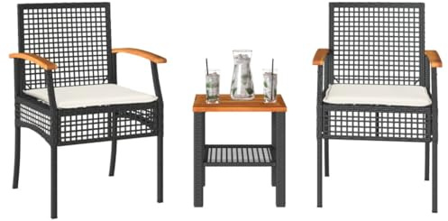 Teenpull Ensemble de bistro 3 pièces en polyrotin et bois d'acacia - Noir - Table de 40 x 40 x 42 cm - 2 chaises avec coussins - Résistant aux UV - Pour balcon et jardin - Charge maximale : 110 kg