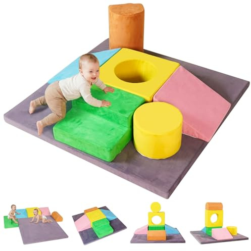 HAHASOLE 7-Piece Foam Climbing Blocks for Toddlers, Toddler Climbing Toys Indoor, Climb and Crawl Soft Foam Play Set with 47x47 Inch Baby Play Mat for Floor, Soft Play for Crawling and Sliding