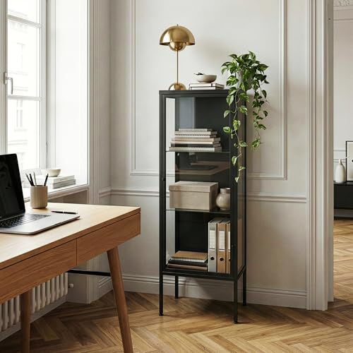 [en.casa] Armadio Vetrina Espositore Credenza Moderna in Acciaio e Vetro Trasparente per Soggiorno Sala Pranzo Studio Ufficio 116 x 34 x 30 cm Nero