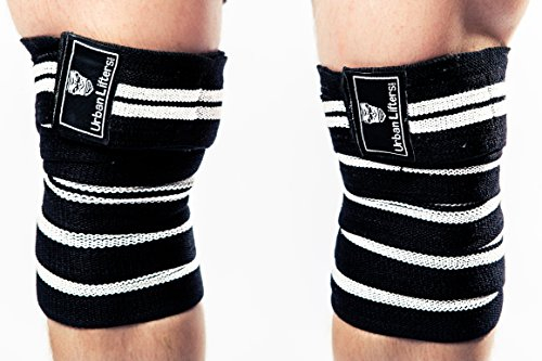 Urban Lifters Kniebandagen für Gewichtheben. Hochleistungs-Kniebandagen mit 200cm. Kniestütze für Kniebeugen, Krafttraining und Beinpresse. Kniebandagen für Damen und Herren (Paar) (Schwarz/Weiß)