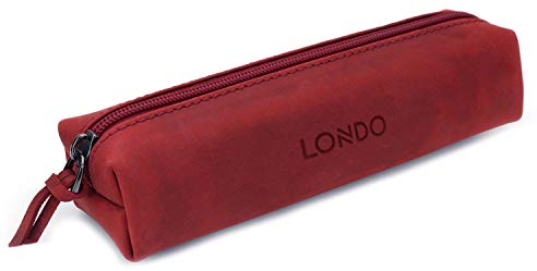 Londo Feder-, Bleistift- und Kosmetiketui aus echtem Leder mit Reißverschluss – Tasche für Schreibwaren - Rot