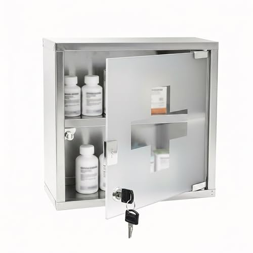 GEEZY Wall Mounted Medicine Cabinet Lockable First Aid Storage Box, 30 x 30 x 12cm - Stainless Steel & Frosted Glass Bathroom Organiser with 2 Shelves - Secure Key Lock Medication Cupboard