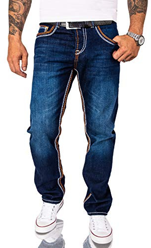 Rock Creek Herren Jeans Hose Comfort Fit Dicke Nähte Jeans Herrenjeans Herrenhose Denim Stonewashed Basic Weites Bein Raw RC-2167 Dunkelblau W32 L36