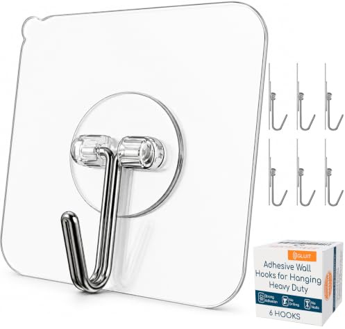 GLUIT Adhesive Wall Hooks for Hanging Heavy Duty 22 lbs Hooks for Walls No Drill, Towel Sticky Clear Hook, Waterproof, Home, Bathroom, Kitchen, Office, and Outdoor 6 Pack