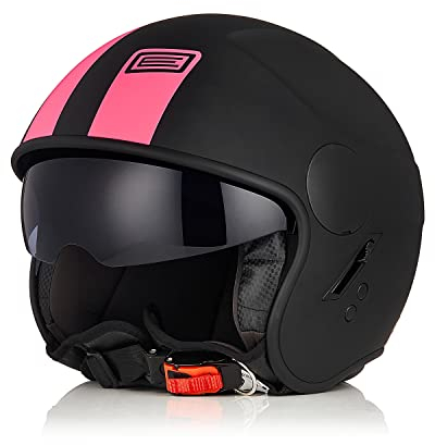 ORIGINE Motorradhelm Jethelm Rollerhelm mit Visier ECE Zertifizierung (Basic Fluo Fuxia Black,L)