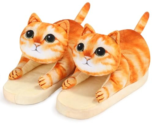 Openhahaha Zapatillas Casa Mujer Hombre, Zapatillas Gato Originales, Pantuflas Divertidas de Animales para Invierno (Naranja)