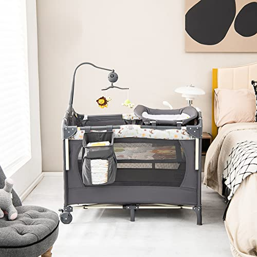 RELAX4LIFE 4 in 1 Lettino da Campeggio per Bambini, Culla Neonato con Fasciatoio, Materasso e Cingia Fissagio, Altezza Regolabile con 3 Livelli, Adatto a Bambini da 3 a 36 Mesi (Grigio Scuro)