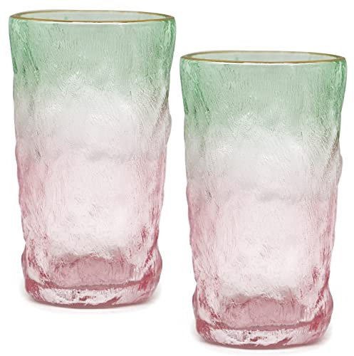 TOSSOW Drinking Glasses, Glacier Glasses Mug Glasses Set of 2 Water Glasses 350ML Glacier Pattern Glass Cups for Wine, Beer, Juice, Mojito and Cocktail(Pink Green)