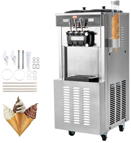 VEVOR Commercial Ice Cream Machine, 34-44 L/H Yield, 3400W 3-Flavor Freestanding Soft Serve Ice Cream Maker, 2 x 9L Stainless Steel Hopper, LED Panel Allows Single Cylinder Use Overnight Refrigeration